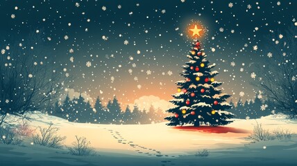 Fototapeta premium A Magical Christmas Eve in a Snowy Winter Wonderland. Christmas Illustration.