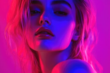 Obraz premium fashion model woman skin face in bright sparkles, colorful neon lights