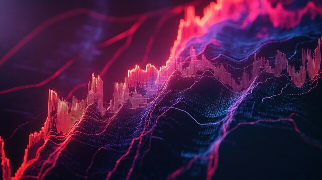 Abstract representation of AI algorithms monitoring stock market fluctuations, digital streams and data points