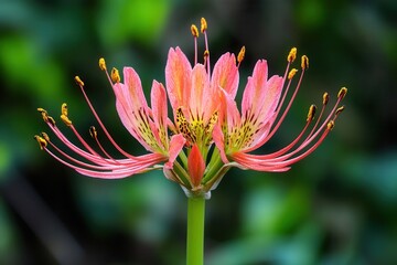 Obraz premium Delicate pink flower with long stamens and green background.