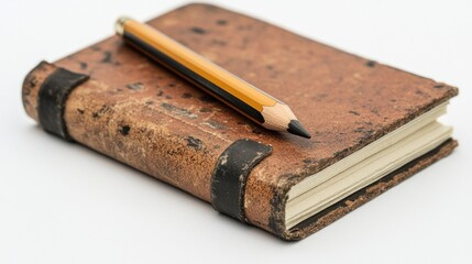 A worn brown leather bound journal with a pencil on top.