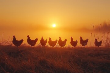 Chickens silhouetted against a foggy sunrise in a rural landscape at dawn