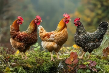 Colorful chickens standing together in a lush garden setting during daylight