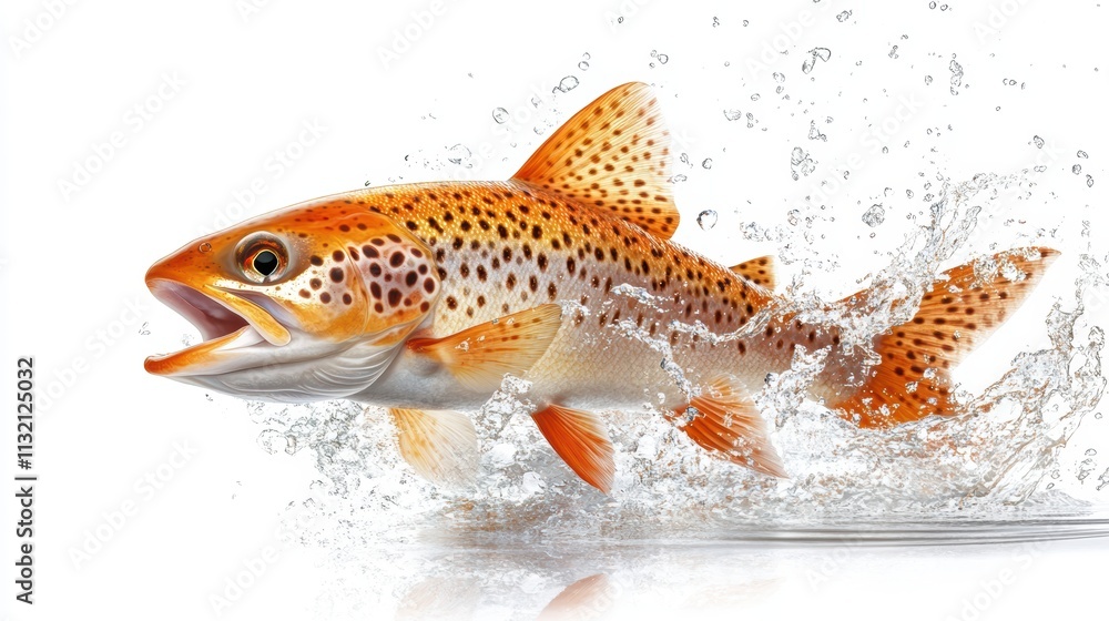 Poster flat vector simple design of a freshwater fish in motion with splashing water on a white background.
