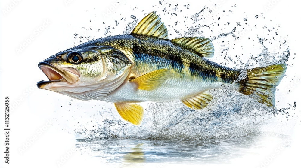 Aufkleber flat vector simple design of a freshwater fish in motion with splashing water on a white background.