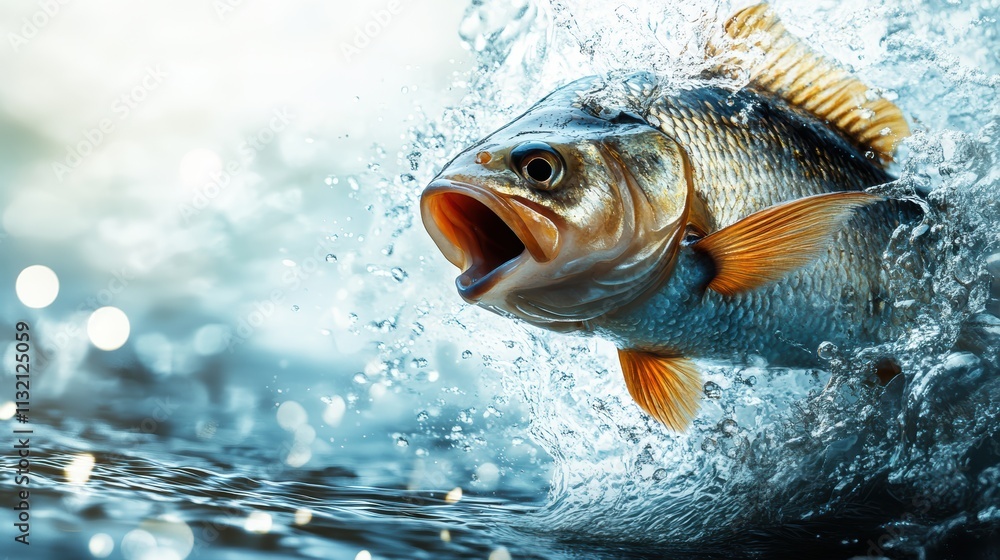 Fototapete flat vector simple design of a freshwater fish in motion with splashing water on a white background.
