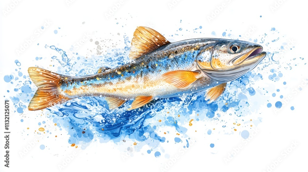 Aufkleber flat vector simple design of a freshwater fish in motion with splashing water on a white background.