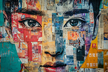 Fototapeta premium A Stunning Collage Portrait: Layers of Identity and Urban Expression in a Vibrant Street Art Masterpiece