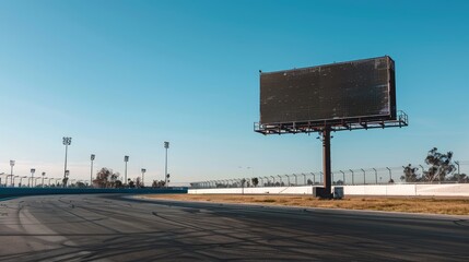 Empty Billboard at a Race Track Under Clear Blue Skies
