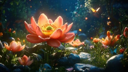 Fototapeta premium A field of blooming flowers with a pink flower in the center, with a blurry background of other flowers, green leaves, and stones, with a bright light shining on the flowers.