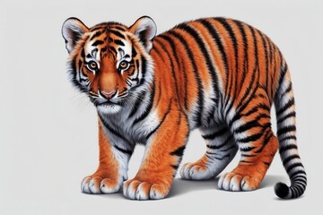 Obraz premium Adorable tiger cub standing, orange and black stripes, white background.