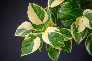Obraz premium Green and cream variegated leaves on a dark background.