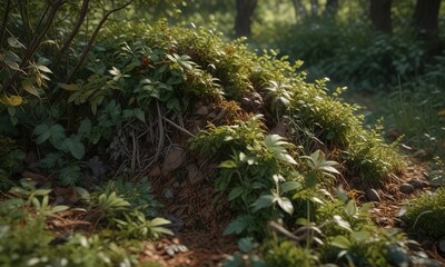 Fototapeta premium A carpet of leaves and twigs surrounds an anthill in a dense thicket of brambles, leaf litter, woodland, anthill