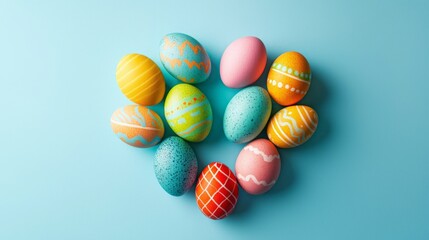 Obraz premium Colorful Easter eggs arranged in a heart shape on a light blue background, celebrating spring and festive traditions.