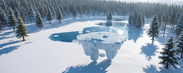 Aerial view of a large floating ice island on a frozen lake surrounded by snow-covered trees,  aerial view, ice,  winter