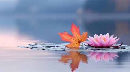 Serene Autumn Pond  Maple Leaf   Water Lily Reflection