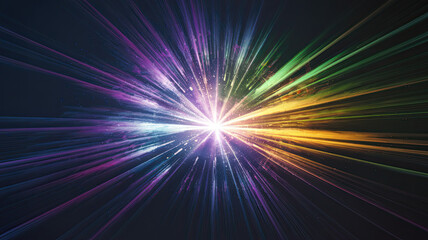Obraz premium Radiant Burst of Light Emanating from Central Point, Spectrum of Colors from Purples, Blues, Greens to Yellows, Intense Glow Against Pitch Black Background, Ethereal and Dreamy Atmosphere, Wonder and 