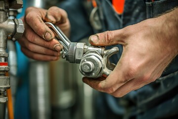 Expert plumber tightening valve standard with wrench in residential setting focus on plumbing techniques hands-on maintenance close-up view home improvement tips and tricks