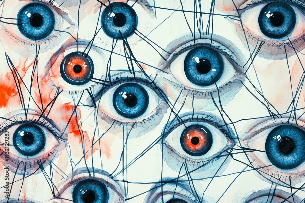 Poster a surreal illustration featuring multiple blue eyes interconnected with lines, creating a captivatin