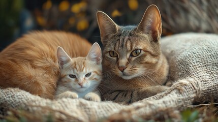 Naklejka premium Two adorable cats relaxing together on burlap