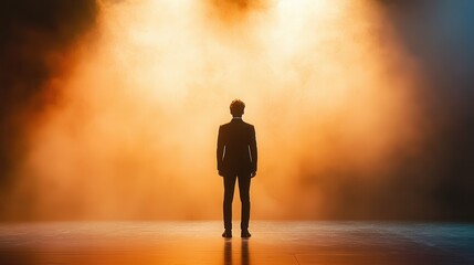 Fototapeta premium A silhouette of a man stands alone on stage amidst dramatic lighting and fog, evoking a sense of anticipation and mystery.