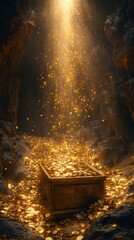 A glowing treasure chest in a dark cave, with beams of golden light and glittering particles cascading down.