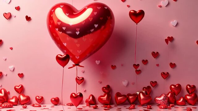 Colorful decorations celebrate love with heart-shaped balloons and scattered confetti in a festive setting