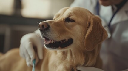 Joyful Golden Retriever Dog Sitting Calmly in Cozy Home Environment
