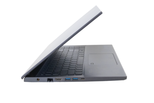 Laptop a rectangular screen for inserting images, isolated on white background, dark aluminium body. Whole in focus. High detailed. Template, mockup.