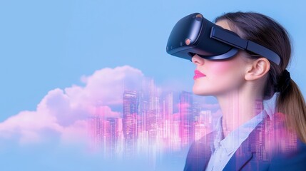 Woman in VR Headset Exploring Futuristic Cityscape