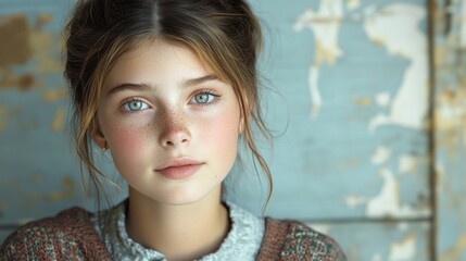 Fototapeta premium A portrait of a young girl with striking features against a rustic backdrop.
