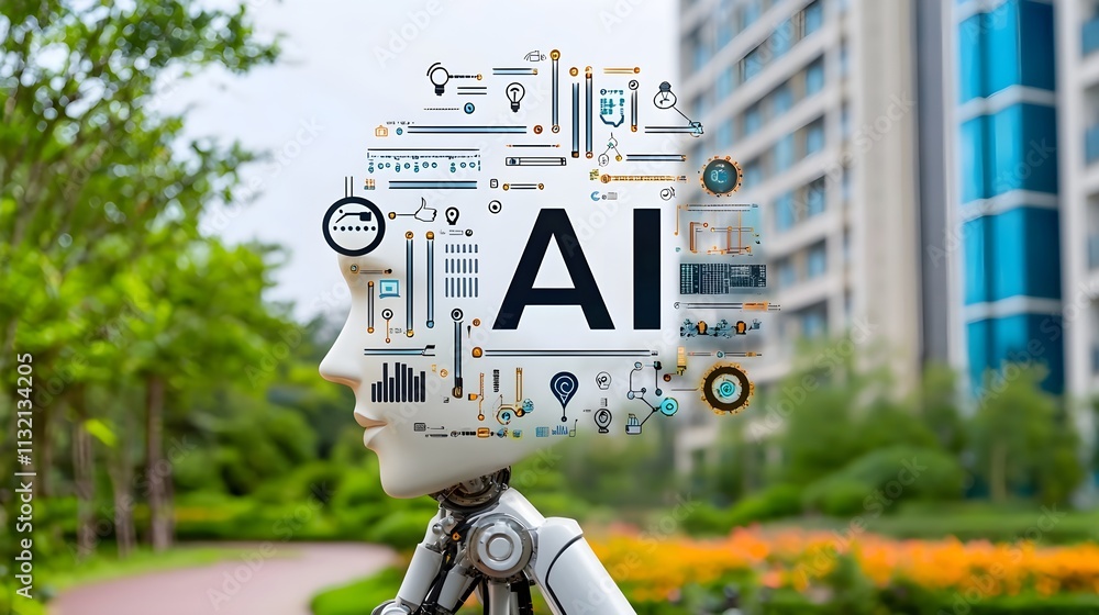 Aufkleber conceptual representation of artificial intelligence with human-like features and technology symbols