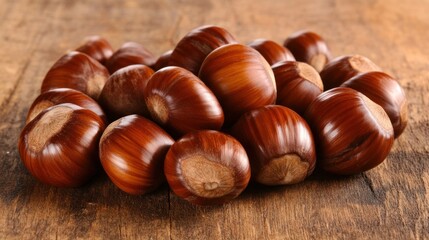 Obraz premium A pile of shiny, brown chestnuts on a wooden surface.