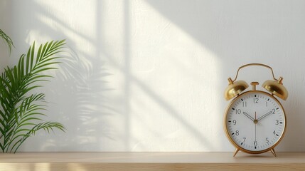 Old-school and retro simplicity, A vintage alarm clock sits on a wooden surface beside a lush green plant, casting soft shadows against a light wall.
