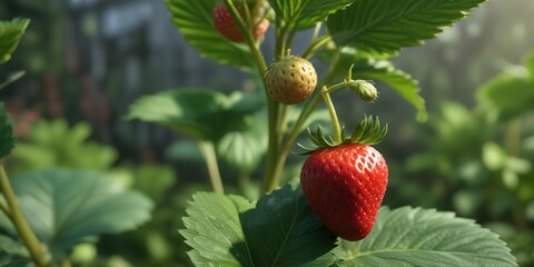 A single strawberry fruit is growing on a green leafy stem of a plant in a garden, flower, botanical, nature