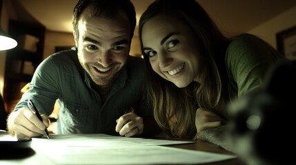 Obraz premium Two smiling individuals engaged in a creative activity at a table with papers and a raccoon nearby.