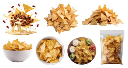 Tortilla corn nacho Chips, many angles and view side top front heap packet pile bowl salsa guacamole beef cheese dip on transparent background cutout, PNG. Mockup template for artwork design	
