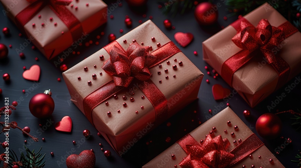 Aufkleber valentine's day background with gift boxes on a red table, flat lay. top view. valentine's day conce