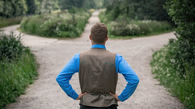 Man Standing at a Crossroads, Deciding Which Path to Take, Decision Making Concept, Two Roads Diverging, Symbolic Choice, Thoughtful Individual Contemplating Direction in Life