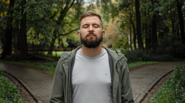 Man Standing at a Crossroads, Deciding Which Path to Take, Decision Making Concept, Two Roads Diverging, Symbolic Choice, Thoughtful Individual Contemplating Direction in Life