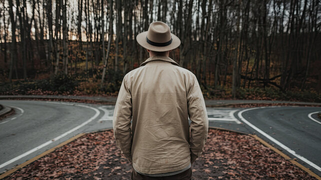 Man Standing at a Crossroads, Deciding Which Path to Take, Decision Making Concept, Two Roads Diverging, Symbolic Choice, Thoughtful Individual Contemplating Direction in Life