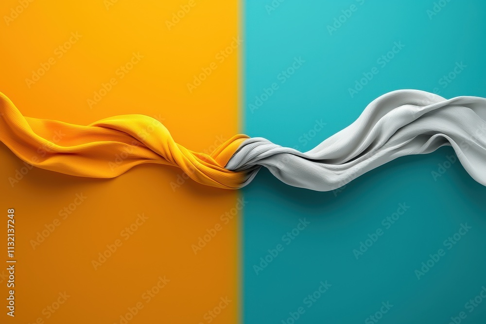 Poster a vibrant image featuring intertwined fabric strips in yellow and turquoise, creating a dynamic and 