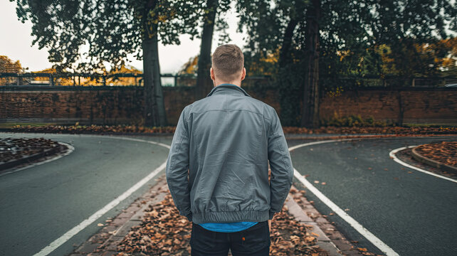 Man Standing at a Crossroads, Deciding Which Path to Take, Decision Making Concept, Two Roads Diverging, Symbolic Choice, Thoughtful Individual Contemplating Direction in Life