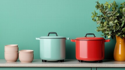 Old-school and retro simplicity, A vibrant kitchen scene featuring colorful cookware and decorative plants against a teal backdrop.