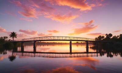 Fototapeta premium A stunning Floridian bridge spanning across a serene lake with a vibrant Florida sunset reflected in the calm waters, featuring warm orange and pink hues, Lake, Water