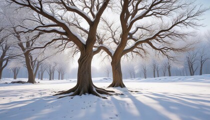 a tree in the snow with branches stretching out to the sides, winter wonderland, festive atmosphere