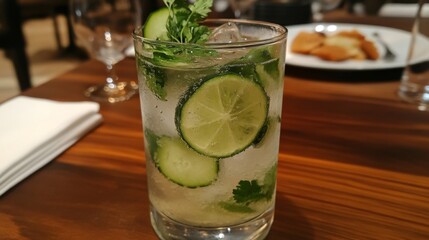 Fototapeta premium Refreshing Cucumber and Lime Cocktail with Cilantro Garnish