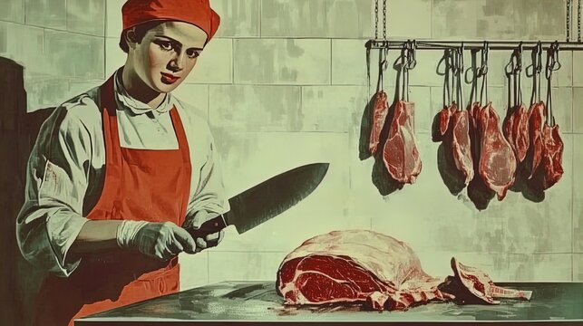 vivid butcher's art: a striking poster of a cleaver sharpened next to fresh lamb in a cold storage room &ndash; perfect for your sports-themed restaurant or meat lover's kitchen!
