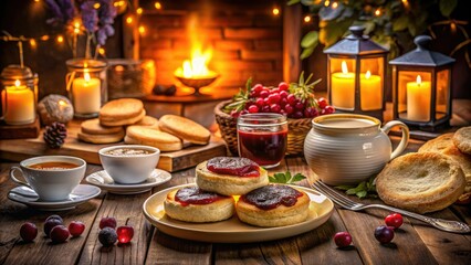 Naklejka premium Night Photography of English Muffin Breakfast with Butter and Jam, Cozy Setting, Delicious Food, Warm Lighting, Breakfast Table, Gourmet Meal, Comfort Food, Nighttime Snack.
