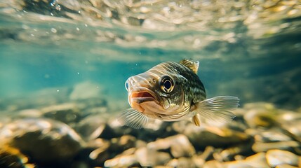 Obraz premium Trout Swimming Underwater in Tranquil River with Pebbles and Sunlight Reflections